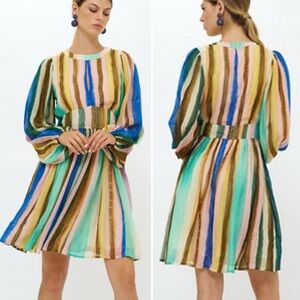 Oliphant Balloon Waisted Mini Dress Sheer Metallic Stripe Zanzibar Sz Medium